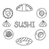 Flat doodle vector set of sushi, rolls. Traditional Asian food on a white background.