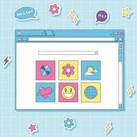 A browser window with a search bar. Retro style user interface. Aesthetics of an old computer. Template for social networks Y2k stickers with flowers, bling, speech bubble. Vector illustration on blue