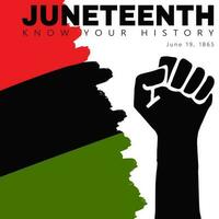 Juneteenth poster template. Black silhouette Of Clenched fist, raised hand and Textured Red, Black, Green Flag. National African American Independence Day. Know your History. Vector illustration