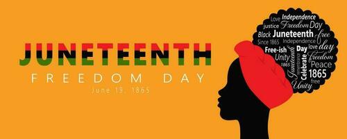 Juneteenth Freedom Day. Horizontal Banner With Black Silhouette Of Woman And Words Symbolizing African American History And Heritage, National Independence Day. Vector illustration On A Yellow