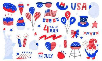 conjunto de Estados Unidos nacional símbolos para independencia día. 4to julio acortar Arte. parte superior sombrero, globos, estrella, gnomo, águila, americano bandera, estatua de libertad. vector ilustraciones aislado en blanco antecedentes