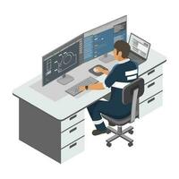 Machine Manufacturing and Engineering designer working with cad software multi monitor inside Industrial worker factory concept isometric isolated cartoon vector