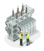 Industrial Power Transformer Electrical engineer working installation and maintenance Service power plant isometric concept cartoon isolated vector