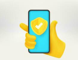 Modern smartphone with golden shield in the hand. Mobile security concept. 3d vector illustration