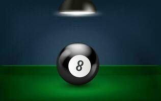 Black billiard ball on green table with lamp. 3d vector banner with copy space