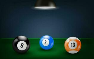 Colour billiard balls on green table with lamp. 3d vector banner with copy space