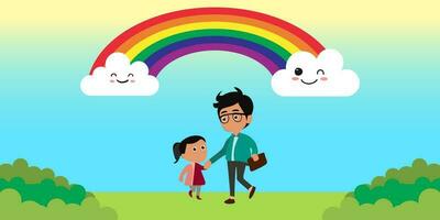 Outdoor joint activity. Happy children and parents playing with toys. Dad walking together with son and daughter in park. Summer leisure vector