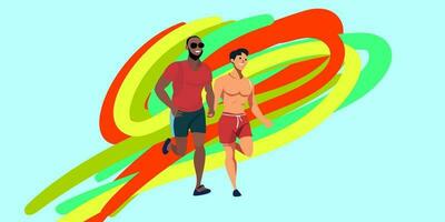 lgbtq comunidad concepto. contento joven gay corriendo con lgbt arco iris bandera corriendo juntos y sonriente participación mano vector ilustración