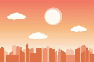 Vector city silhouette with orange buildings on the gradient orange background.