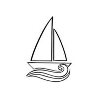 Sail boat. Cute boat with sails on a white isolated background. Sailboat and water waves. Vector illustration in a flat style.