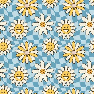 Vintage groovy flowers. Retro hippie style, floral vector seamless pattern, background 60s, 70s, 80s. Psychedelic chess board, fashionable print