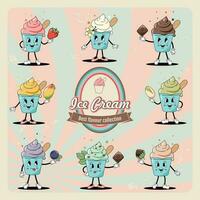 A set of ice creams in a cup with popular flavors. Cute cartoon character from the 60s, 70s. Retro style. vector