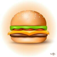 Burger with tomato, cheese and lettuce. Stylized 3D image vector