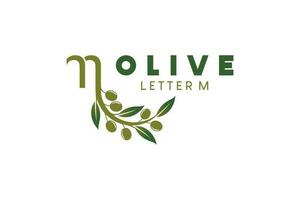 Olive logo design with letter m concept, natural green olive vector illustration