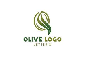 Olive logo design with letter q concept, natural green olive vector illustration