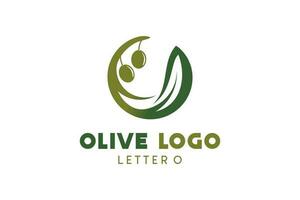 Olive logo design with letter o concept, natural green olive vector illustration