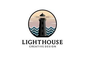 Lighthouse logo design with waves and sky background vector