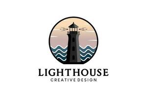 Lighthouse logo design with waves and sky background vector