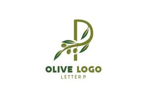 Olive logo design with letter p concept, natural green olive vector illustration