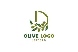 Olive logo design with letter d concept, natural green olive vector illustration