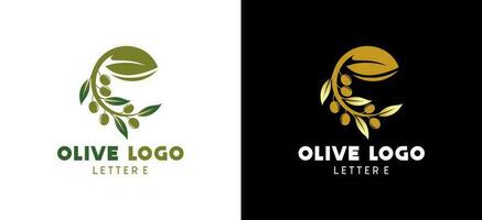 Olive logo design with letter e concept, natural green olive vector illustration