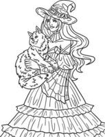 Halloween Witch with Cat Isolated Coloring Page vector