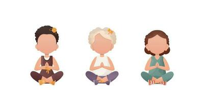 Little girls Sits in the lotus position. Cute yoga, mindfulness and relaxation. Vector illustration in cartoon style. Set isolated on a white background.