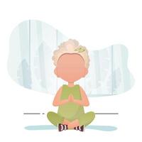 Little girl sits in the lotus position. Children's meditation. Vector illustration in cartoon style.