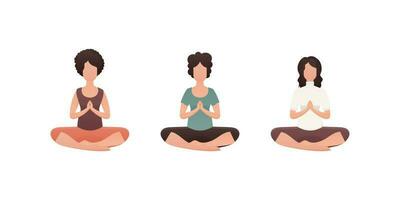 Set of Women Sits in the lotus position. Isolated. Vector illustration.