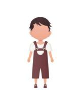 Dark-haired little boy, preschool age in overalls. Isolated. Cartoon style. illustration. vector