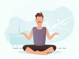 el chico de un fuerte físico se sienta meditando yoga. dibujos animados estilo. vector