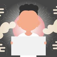 A cute little boy is holding an empty tablet in his hands. Place for your logo, text or design. illustration in cartoon style. vector