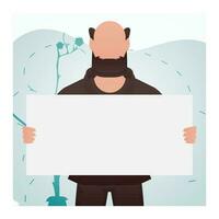 un hombre sostiene un vacío tableta en su manos. reunión. dibujos animados estilo. vector