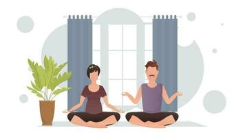 el chico y el niña son haciendo yoga en el loto posición en el habitación. meditación. dibujos animados estilo. vector