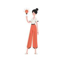A woman stands in full growth with a light bulb. Isolated. Element for presentations, sites. vector