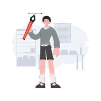 A man stands in full growth holding a pen tool in his hands. Art. Element for presentations, sites. vector