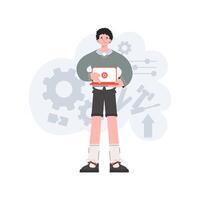 A man stands in full growth with a laptop. Video presentation. Element for presentations, sites. vector