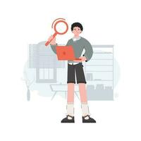 The guy stands in full growth holds a computer and a magnifying glass in his hands. Search. Element for presentations, sites. vector