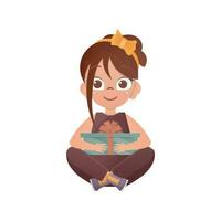 un contento niña se sienta en un loto posición y sostiene un regalo caja en su manos. dibujos animados estilo. vector ilustración.