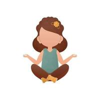 Little girl is meditating. Isolated on white background. Vector illustration in cartoon style.
