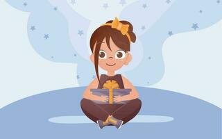 pequeño niña se sienta en un loto posición con un regalo en su manos. vector ilustración.