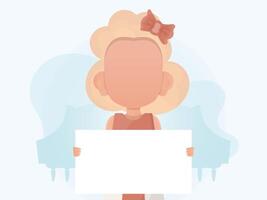 Little girl holding an empty banner in her hands. Place for announcement. Cartoon style. vector