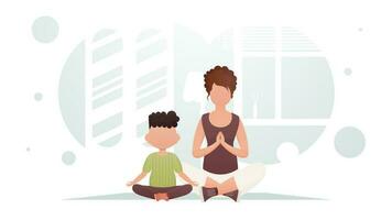 mamá y hijo son sentado meditando yoga. dibujos animados estilo. vector