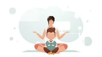 Mom and little son are sitting in the room meditating. Yoga. Cartoon style. vector