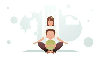 mamá y hijo son sentado meditando en el loto posición. yoga. dibujos animados estilo. vector