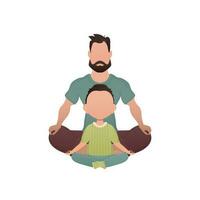 papá y hijo son sentado haciendo yoga en el loto posición. aislado. dibujos animados estilo. vector
