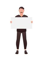 A man stands in full growth and holds an empty space for advertising in his hands. Isolated. Cartoon style. vector