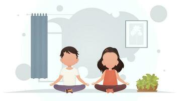 chico y niña son meditando en el habitación. yoga. dibujos animados estilo. vector