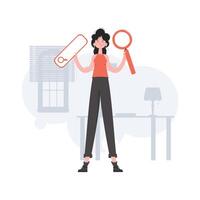 A woman stands in full growth holding a web search bar and a magnifying glass. Search. Element for presentations, sites. vector