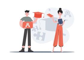 A man and a woman stand in full growth in the hands of a graduate cap. Education. Element for presentations, sites. vector